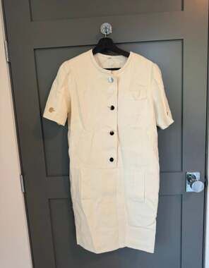 Vintage Cream Linen Blend Short Sleeve Button Front Dress with Gold Hardware